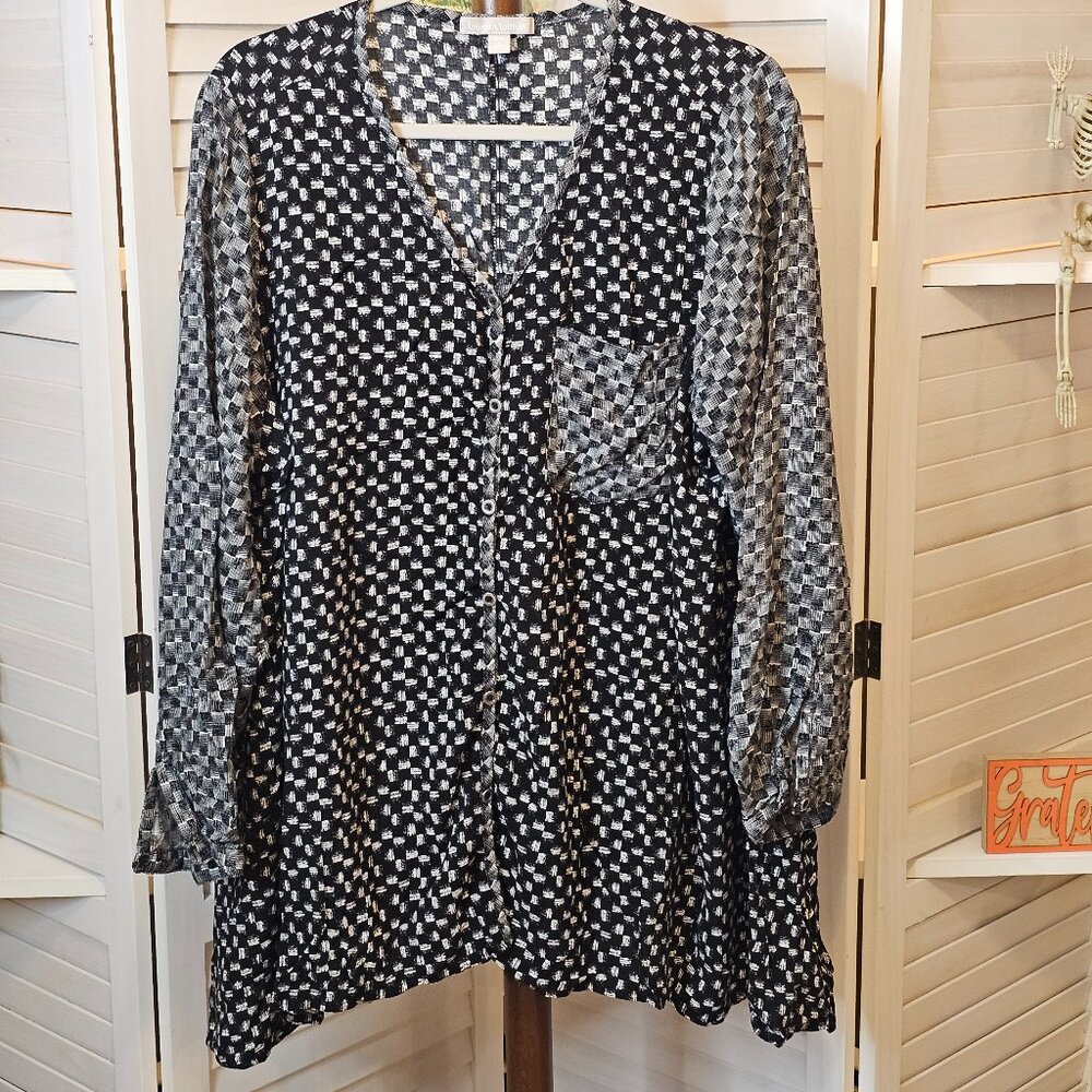 Woman Within, Plus Size 1X (22-24), Black & White, Checkered, Button Down Blouse